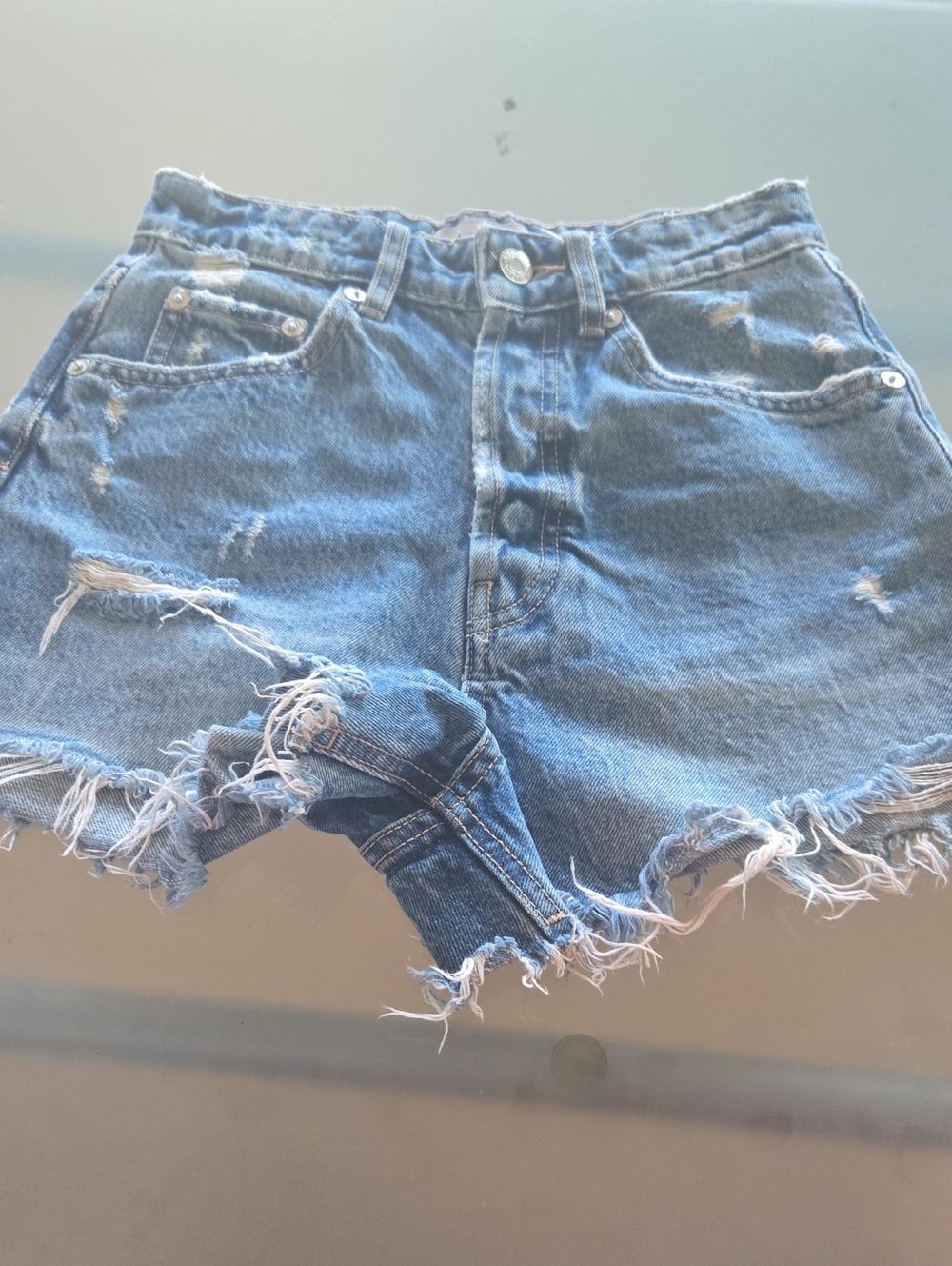 Zara Light Blue Ripped Denim Shorts
